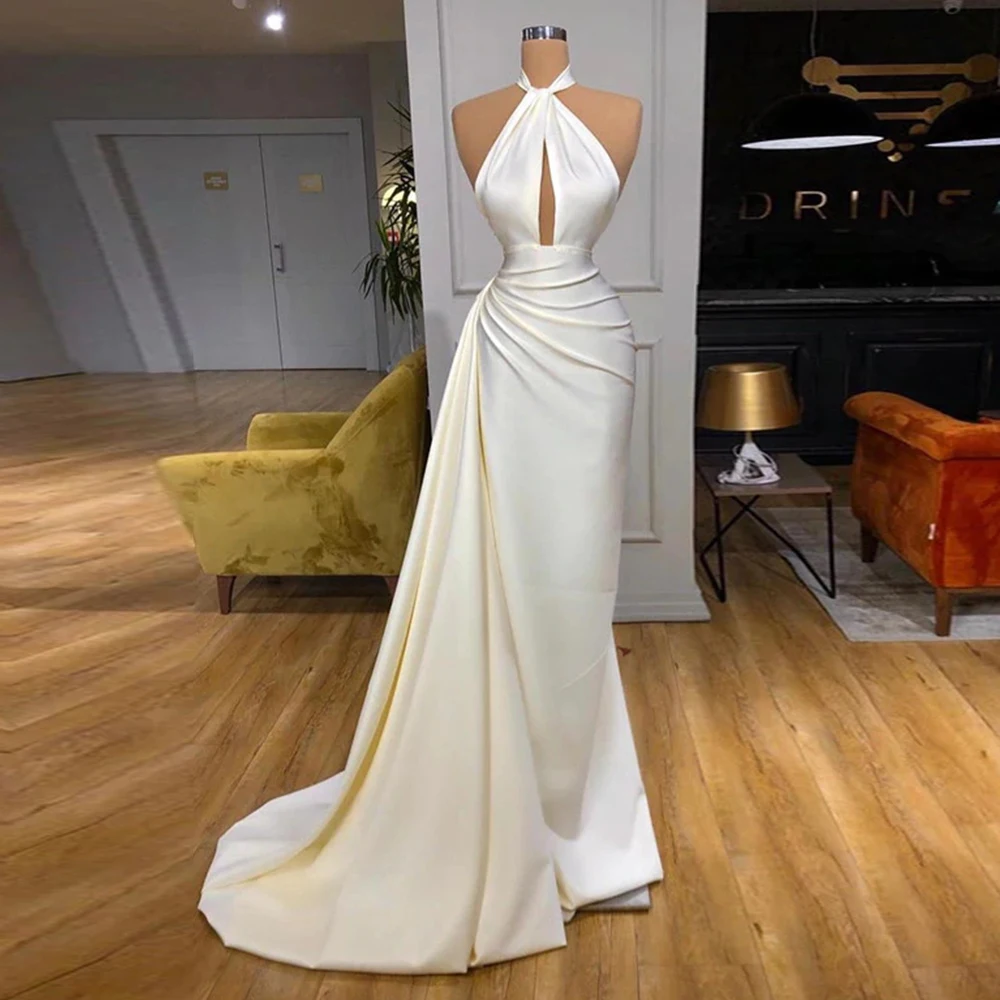 Halter Court Train Prom Dress White Fashion High Quality Satin Evening Dresses Pleat Sexy Sleeveless Women's Dress Vestidos De
Halter Court Train Prom Dress White Fashion High Quality Satin Evening Dresses Pleat Sexy Sleeveless Women's Dress Vestidos De