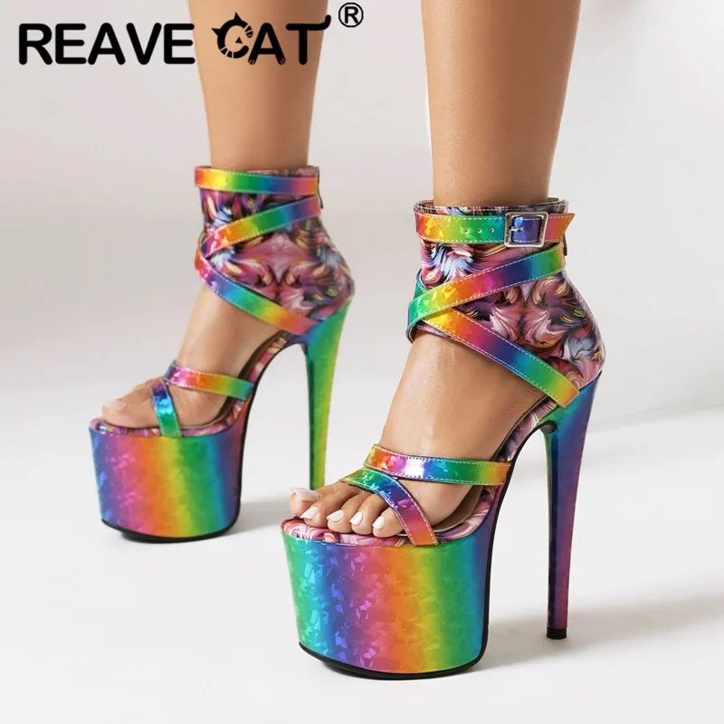 

REAVE CAT Fashion Women Sandals Peep Toe Thin HIgh Heels 17cm Platform Hill Zipper 7.5cm Big Size 42 43 Sexy Mixed Female Shoes