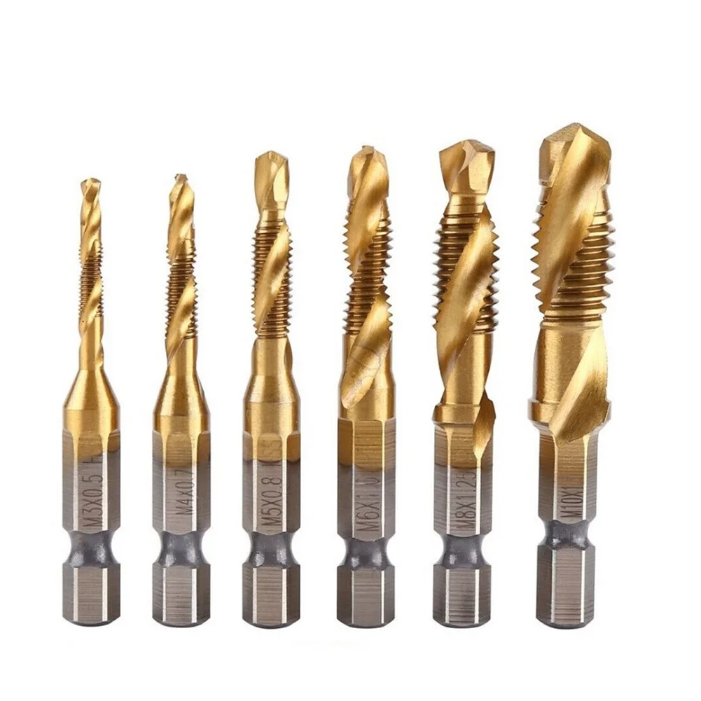 6Pcs M3-M10 Hex Shank Titanium Plated HSS Screw Thread Metric Tap Drill Compound Tap Screw Machine Compound Tap Hand Tools
6Pcs M3-M10 Hex Shank Titanium Plated HSS Screw Thread Metric Tap Drill Compound Tap Screw Machine Compound Tap Hand Tools
