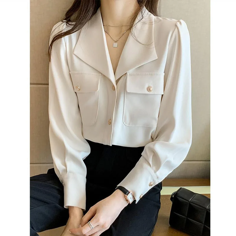 

Элегантная однотонная Офисная Женская однобортная рубашка, осень 2023, модная универсальная шифоновая блузка с длинным рукавом, женская одежда