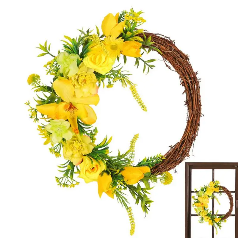 

Yellow Rose Wreath Front Door Decors For Farmhouse Entrance Windows Walls Aesthetical Yellow Roses Realistic Spring Wreaths