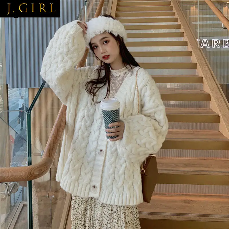 

Autumn Women Twist Cardigan V-neck Coarse Yarn Knitting Clothes Students Gentle Solid Baggy Single Breasted Sweaters Glutinous