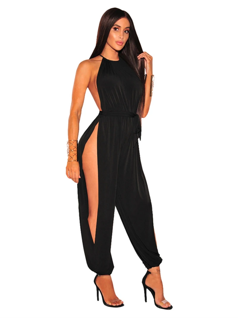 

Summer Jumpsuit Women Solid Halter Sexy Romper High Split Playsuit Sashes One Piece Overall Bodysuit Ruched Sleeveless Jumpsuits