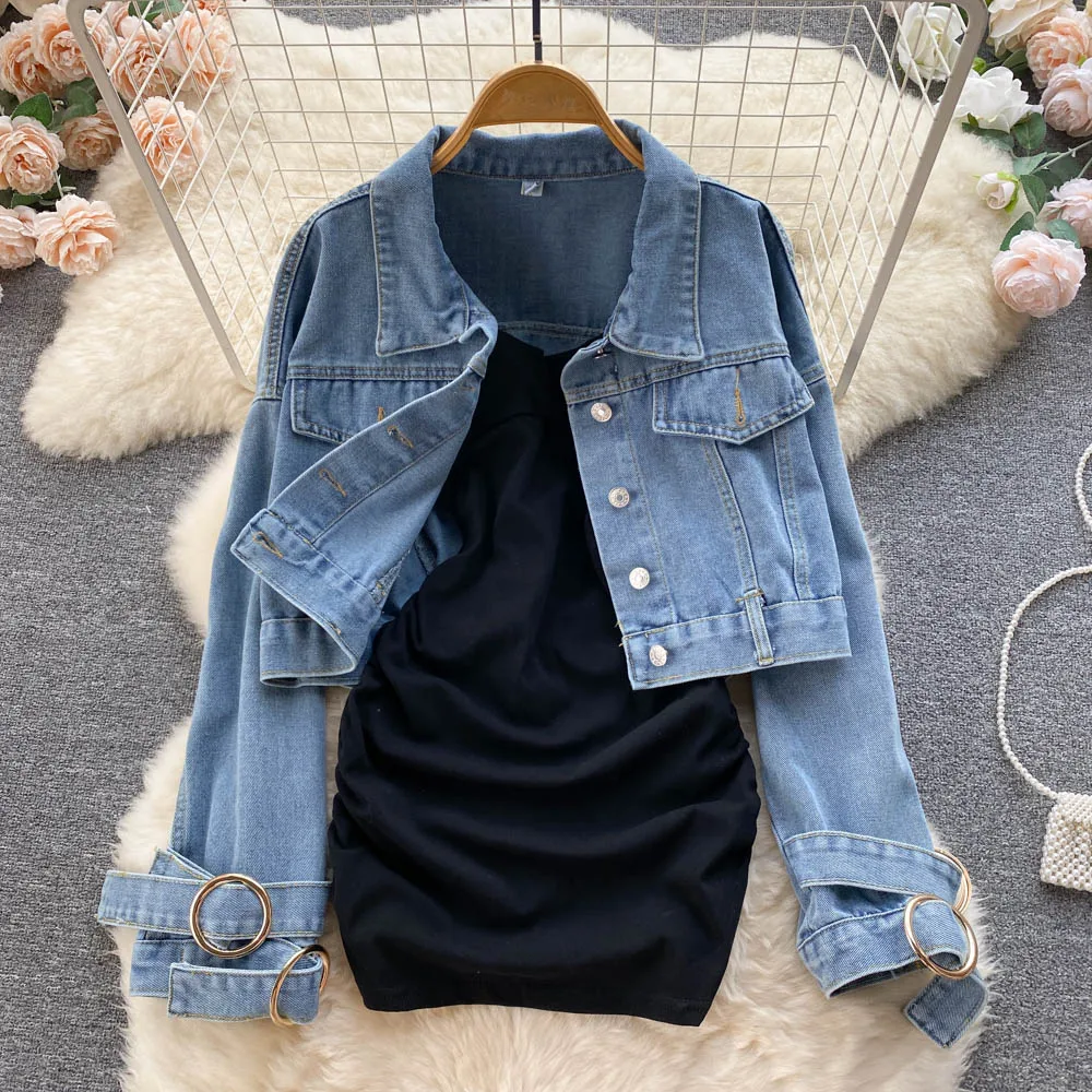 Fashionable and Fashionable Long-sleeved Denim Short Jacket Waist-hugging Halter Dress Two-piece Suit
Fashionable and Fashionable Long-sleeved Denim Short Jacket Waist-hugging Halter Dress Two-piece Suit
