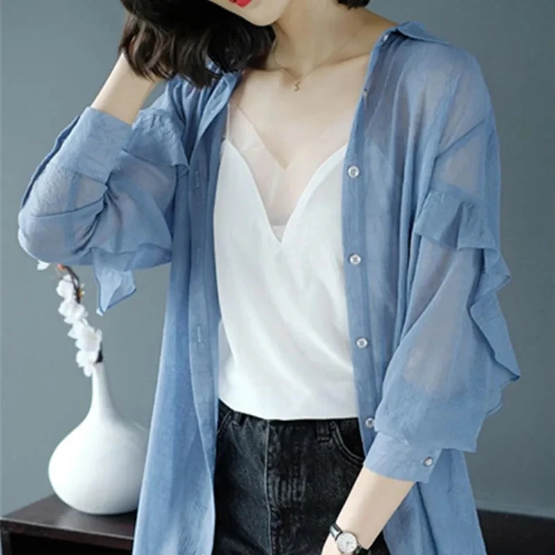 Summer New Chiffon Thin Women's Shirt Sun Protection Single-breasted Mid-length Coat Solid Ruffles Blouse Fashion Female Tops
Summer New Chiffon Thin Women's Shirt Sun Protection Single-breasted Mid-length Coat Solid Ruffles Blouse Fashion Female Tops