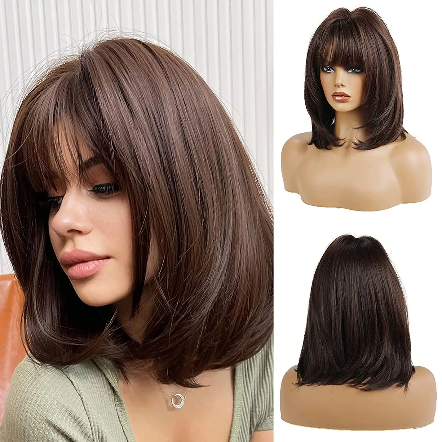 14 Inches Short Dark Brown Bob Wigs Straight with Bangs Slightly Curved Hair Ends Synthetic Hair Daily Party Wig for Women Use
14 Inches Short Dark Brown Bob Wigs Straight with Bangs Slightly Curved Hair Ends Synthetic Hair Daily Party Wig for Women Use