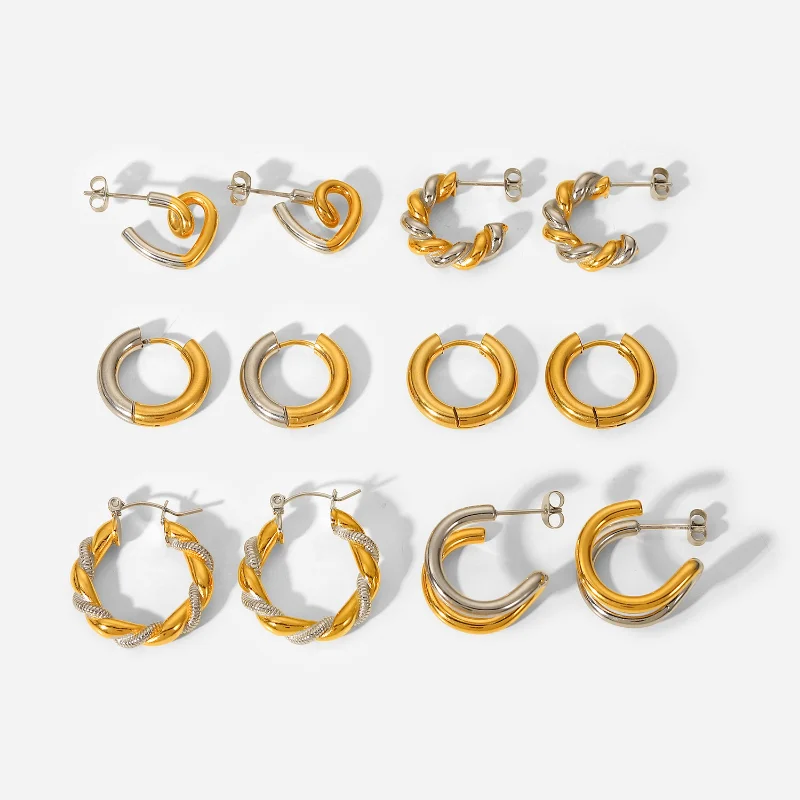 

Minar Hip Hop 6 Styles C Shaped Twist Rope Heart Layered Hoop Earrings for Women Non Tarnish Titanium Steel Two Tone Earring