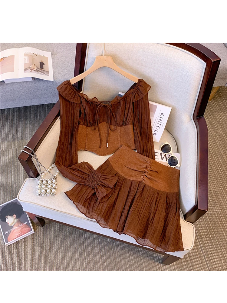 Women's Coffee Patchwork Skirt Sets Vintage A-Line Mini Skirt and Long Sleeve Shirt Y2k Elegant Harajuku Fashion 2000s Clothes
Women's Coffee Patchwork Skirt Sets Vintage A-Line Mini Skirt and Long Sleeve Shirt Y2k Elegant Harajuku Fashion 2000s Clothes