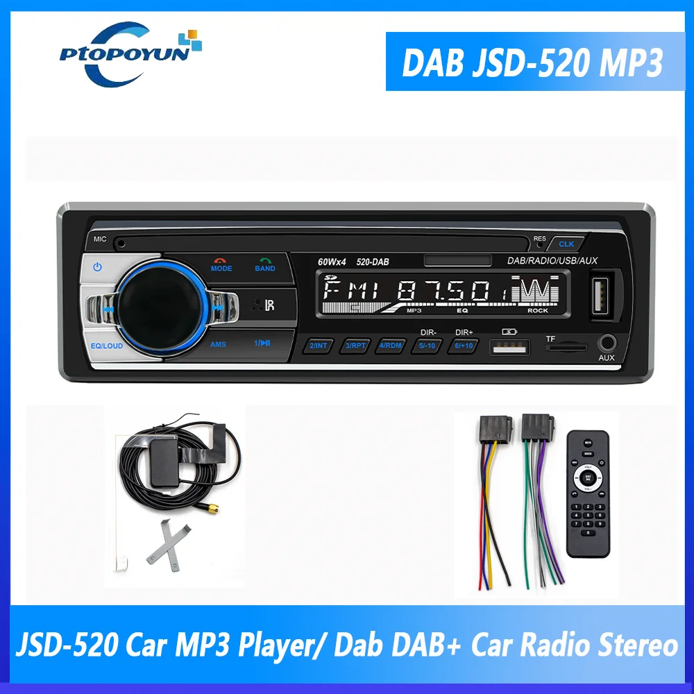 

Ptopoyun Car MP3 Multimedia Player JSD-520 Dab Radio DAB+ RDS AM FM Audio Stereo Receiver 12V In-Dash 1din Bluetooth Autoradio