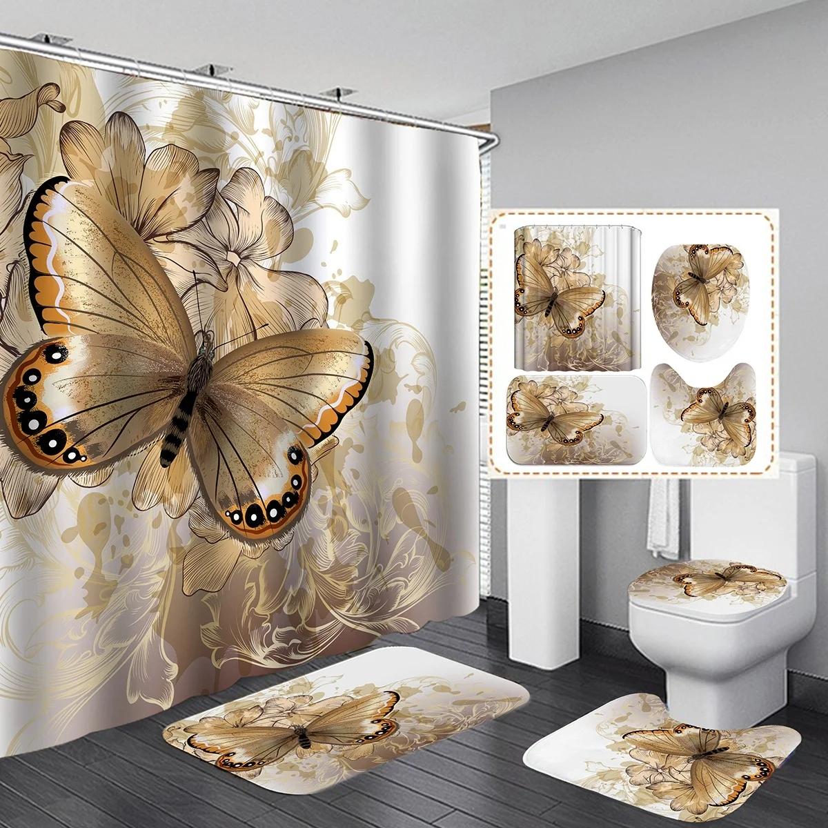 Golden Blue Butterfly Flower Polyester Waterproof Shower Curtain Bathroom Curtains Set Non-Slip Rug Toilet Lid Cover Floor Mats
Golden Blue Butterfly Flower Polyester Waterproof Shower Curtain Bathroom Curtains Set Non-Slip Rug Toilet Lid Cover Floor Mats