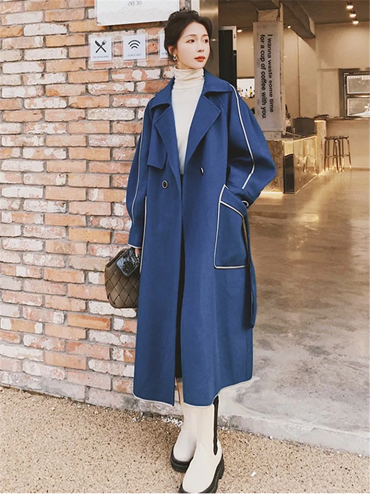 Fashion Elegant Korean Style Long Blue Woolen Trench Coat Overcoat 2022 Fall Winter Women Double Breasted Belt Jacket Cloak 9072
Fashion Elegant Korean Style Long Blue Woolen Trench Coat Overcoat 2022 Fall Winter Women Double Breasted Belt Jacket Cloak 9072