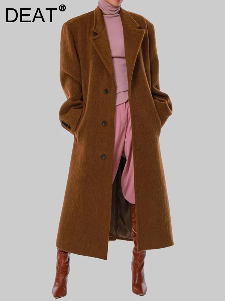 

Женское шерстяное пальто DEAT, свободное однобортное пальто с отложным воротником и длинным рукавом, коричневое плюшевое пальто, новинка зим...