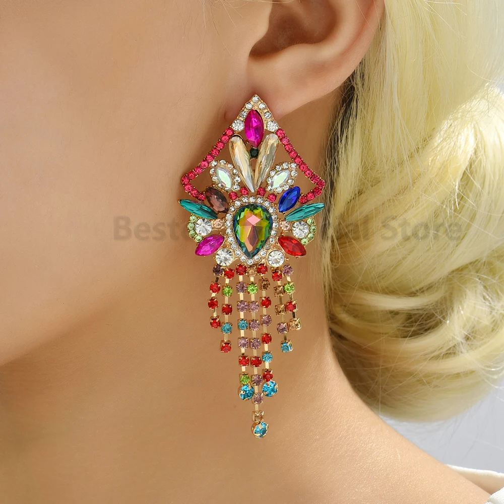 Vintage Colored Crystals Long Hanging Big Earrings Tassel Rhinestone Fashion Luxury Party Boho Ear Jewelry Accessories For Women
Vintage Colored Crystals Long Hanging Big Earrings Tassel Rhinestone Fashion Luxury Party Boho Ear Jewelry Accessories For Women