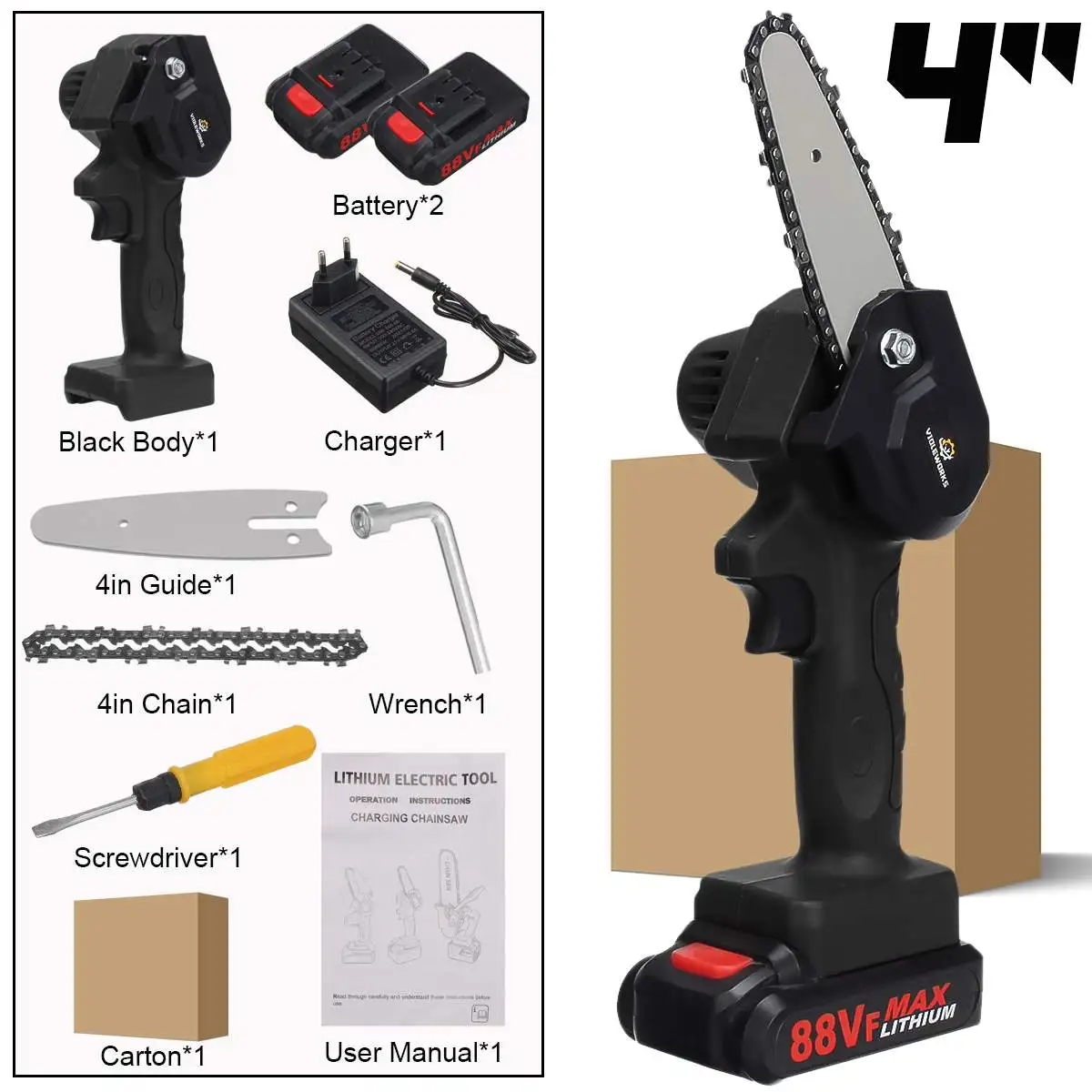 88VF 4 inch Electric Saw Cordless Mini Chainsaw with 1/2 Li-ion Battery Fruit Tree Woodworking Cutter Garden Tool EU Plug
88VF 4 inch Electric Saw Cordless Mini Chainsaw with 1/2 Li-ion Battery Fruit Tree Woodworking Cutter Garden Tool EU Plug
