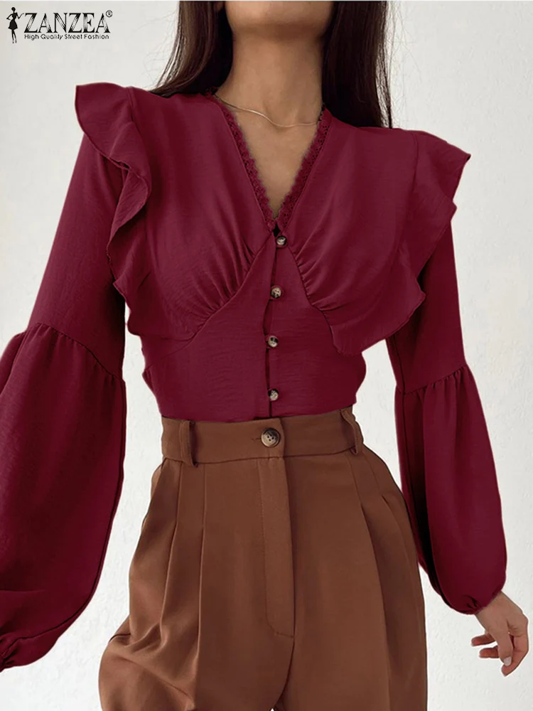 Fashion Women Lace V Neck Shirt ZANZEA Elegant Lantern Long Sleeve Blouse Stitching Ruffles Lady Tops 2022 Autumn Buttons Blusas
Fashion Women Lace V Neck Shirt ZANZEA Elegant Lantern Long Sleeve Blouse Stitching Ruffles Lady Tops 2022 Autumn Buttons Blusas