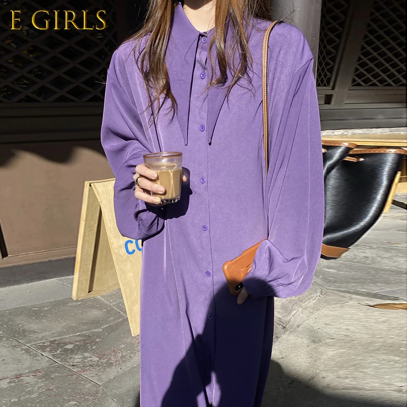 E GIRLS Women Dress Korean Fashion Chic Violet Pointed Neck Single Breasted Casual Loose Lantern Sleeves Shirt Dresses
E GIRLS Women Dress Korean Fashion Chic Violet Pointed Neck Single Breasted Casual Loose Lantern Sleeves Shirt Dresses