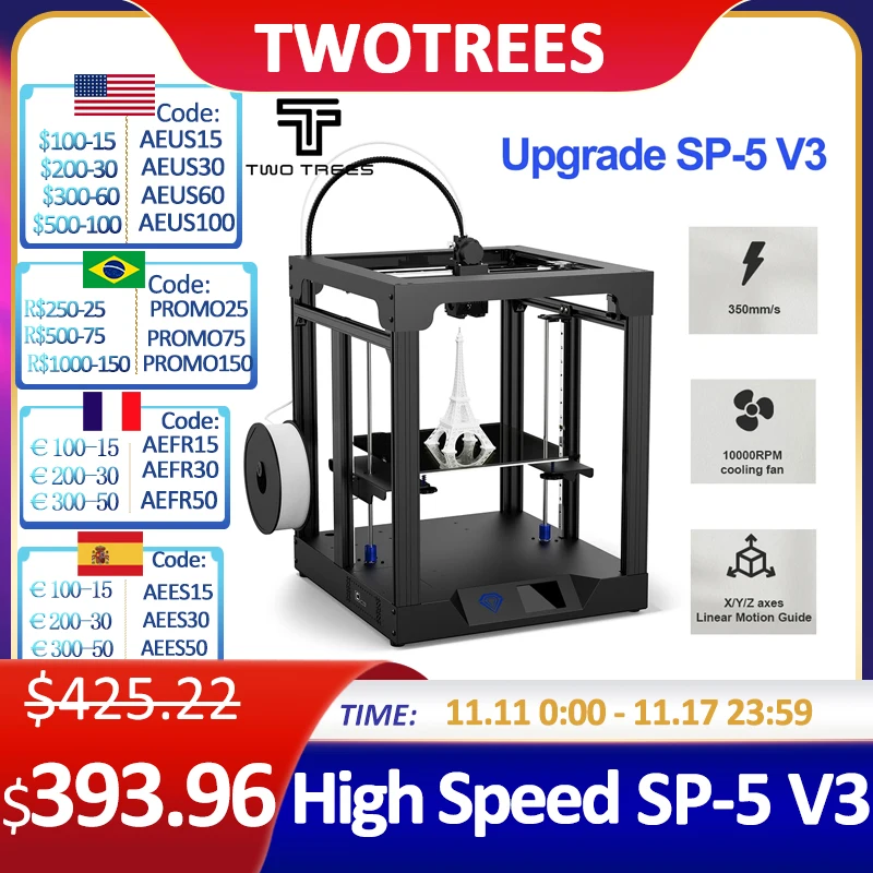 Обновленный высокоскоростной 3D принтер Twotrees SP-5 V3, 350 мм/с, CoreXY FDM, двойной бесшумный привод по оси Z, Набор для творчества, искусственная кожа, чип FPU
Обновленный высокоскоростной 3D принтер Twotrees SP-5 V3, 350 мм/с, CoreXY FDM, двойной бесшумный привод по оси Z, Набор для творчества, искусственная кожа, чип FPU