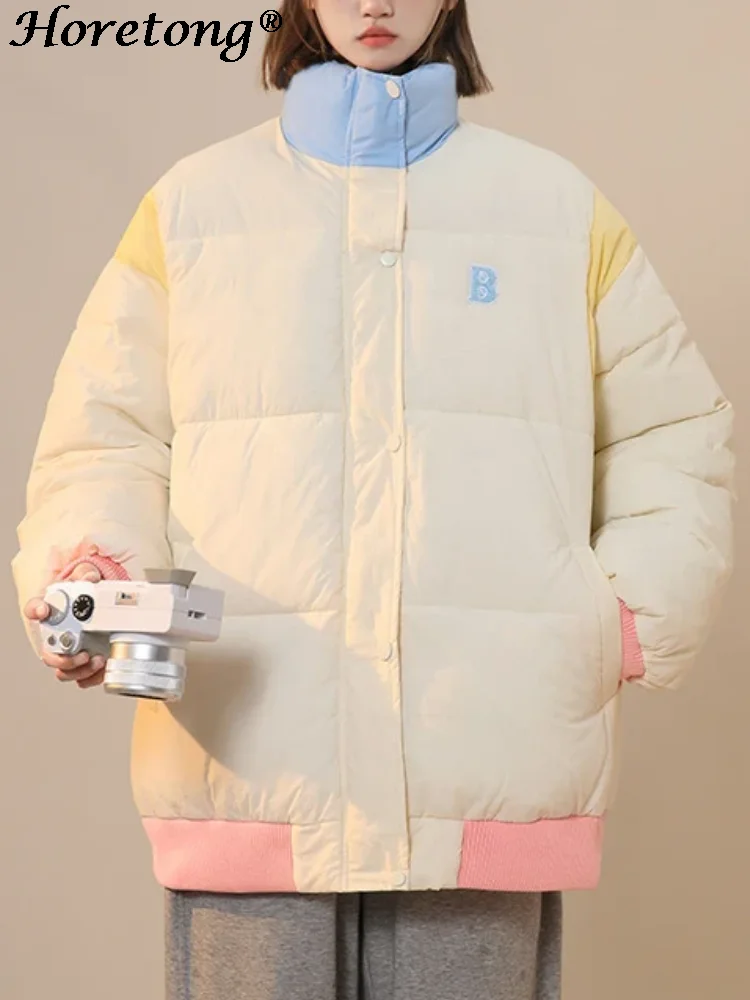 

Horetong 2023 зимнее хлопковое Стеганое пальто Корейская мода с буквенным принтом в стиле пэчворк куртка контрастных цветов с воротником-стойкой теплая Повседневная Верхняя одежда