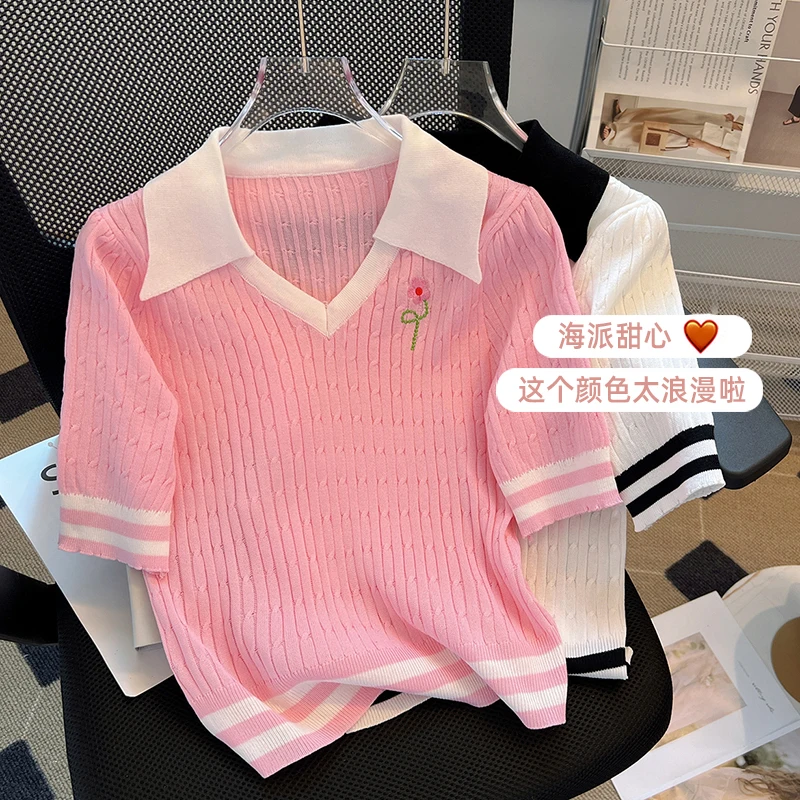 Sweet V-Neck Striped Short Sweater Women Ice Silk Knitted T-shirt Korean Fashion Chic Patchwork Top 2023 Summer Knit Pullover 
Sweet V-Neck Striped Short Sweater Women Ice Silk Knitted T-shirt Korean Fashion Chic Patchwork Top 2023 Summer Knit Pullover