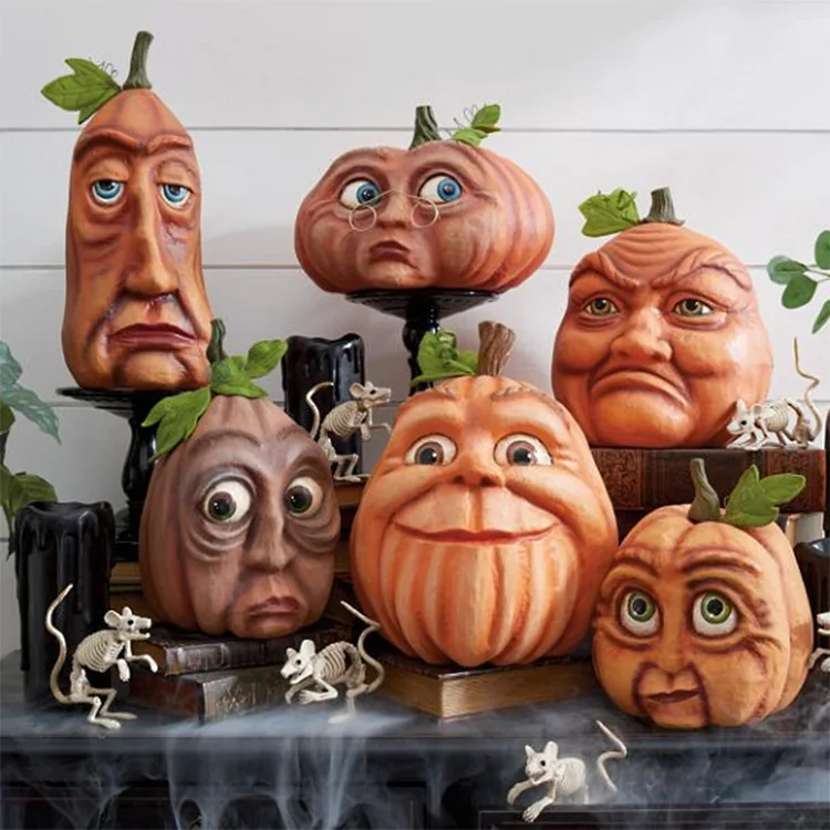 

Halloween Wacky Pumpkin Face with green leaves Resin Outdoor Decoration Ghost Party Atmosphere Decoration Yard Home Decor