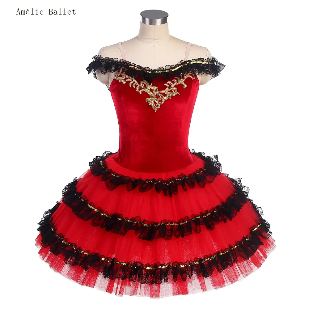 

Красное испанское платье-пачка BLL414 с открытыми плечами, балетная пачка в форме колокола для взрослых и детей, танцевальное платье для выступлений балерины