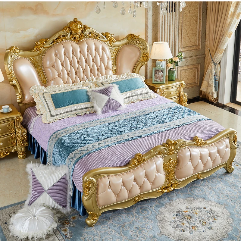 

Европейская двойная кровать из цельной древесины, французская Золотая кожаная маленькая Свадебная кровать, кровать принцессы