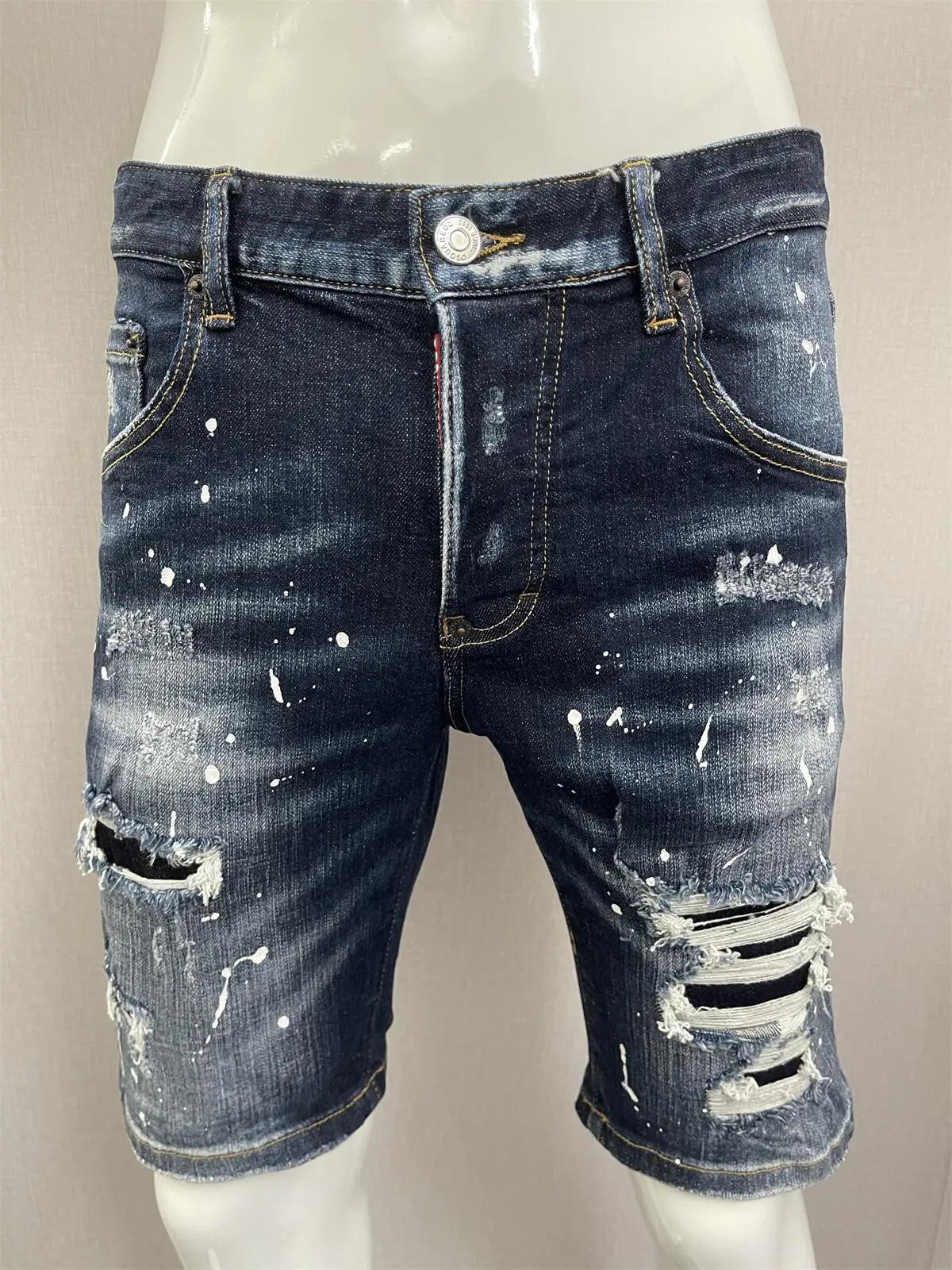 

2023 Summer New D2 Jeans Spliced Shorts Men's Fashion Embroidery Badge Elastic Paint Slim Fit Capris