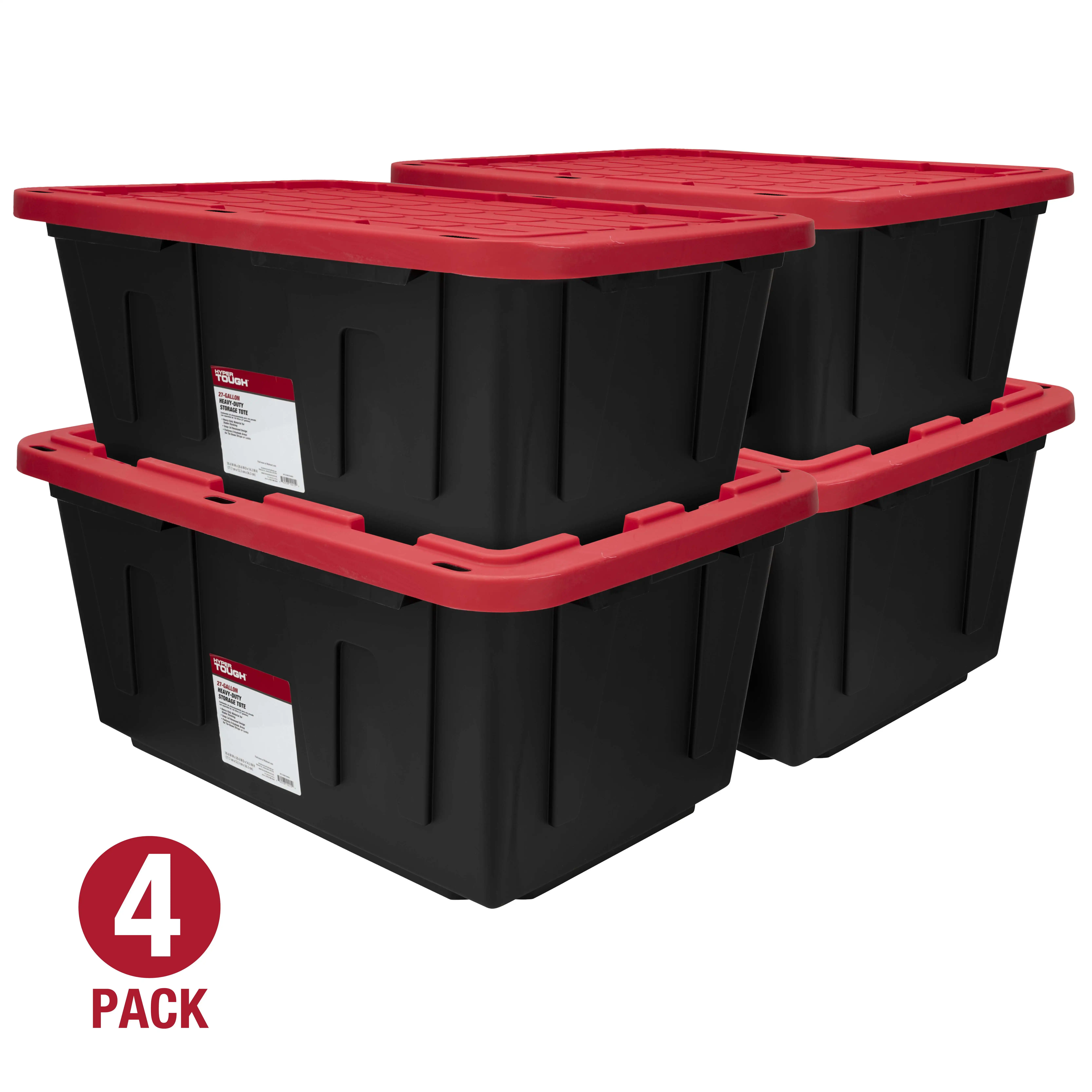 Red Lid Hyper Tough Set of 4 Stackable 27 Gallon Black Base Snap Lid Plastic Storage Bin
Red Lid Hyper Tough Set of 4 Stackable 27 Gallon Black Base Snap Lid Plastic Storage Bin