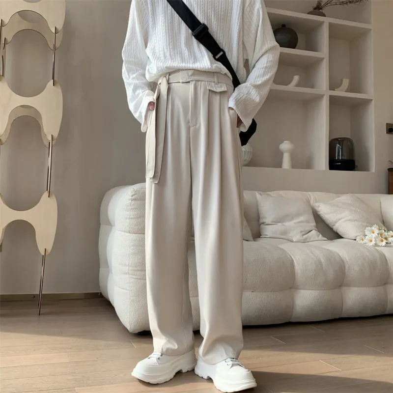 

Apricot/Black Belt Suit Pants Men Fashion Society Mens Dress Pants Korean Loose Straight Wide Leg Pants Mens Formal Trousers