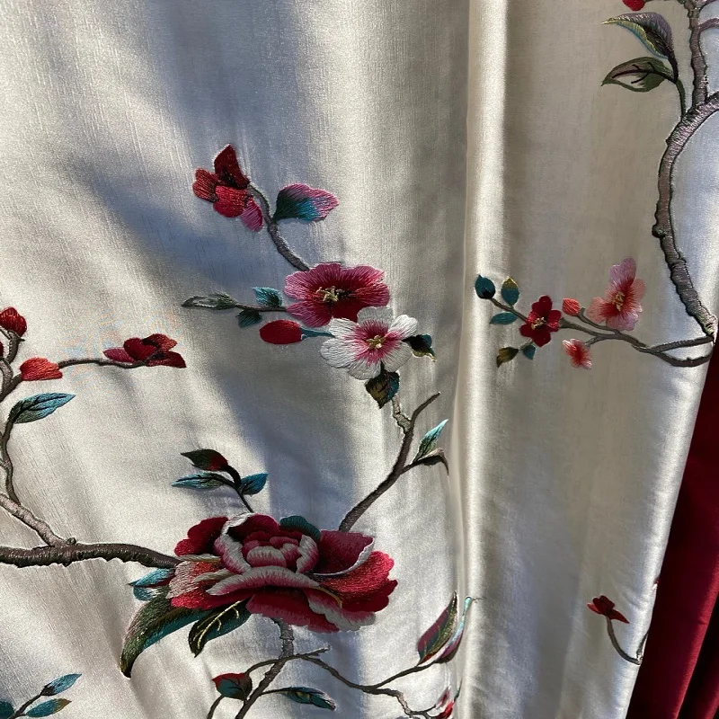 

High-end Chinese Red Curtains for Living Room Bedroom Retro Peony Embroidery Classical Imitation Silk Cortinas Villa Home Drapes
