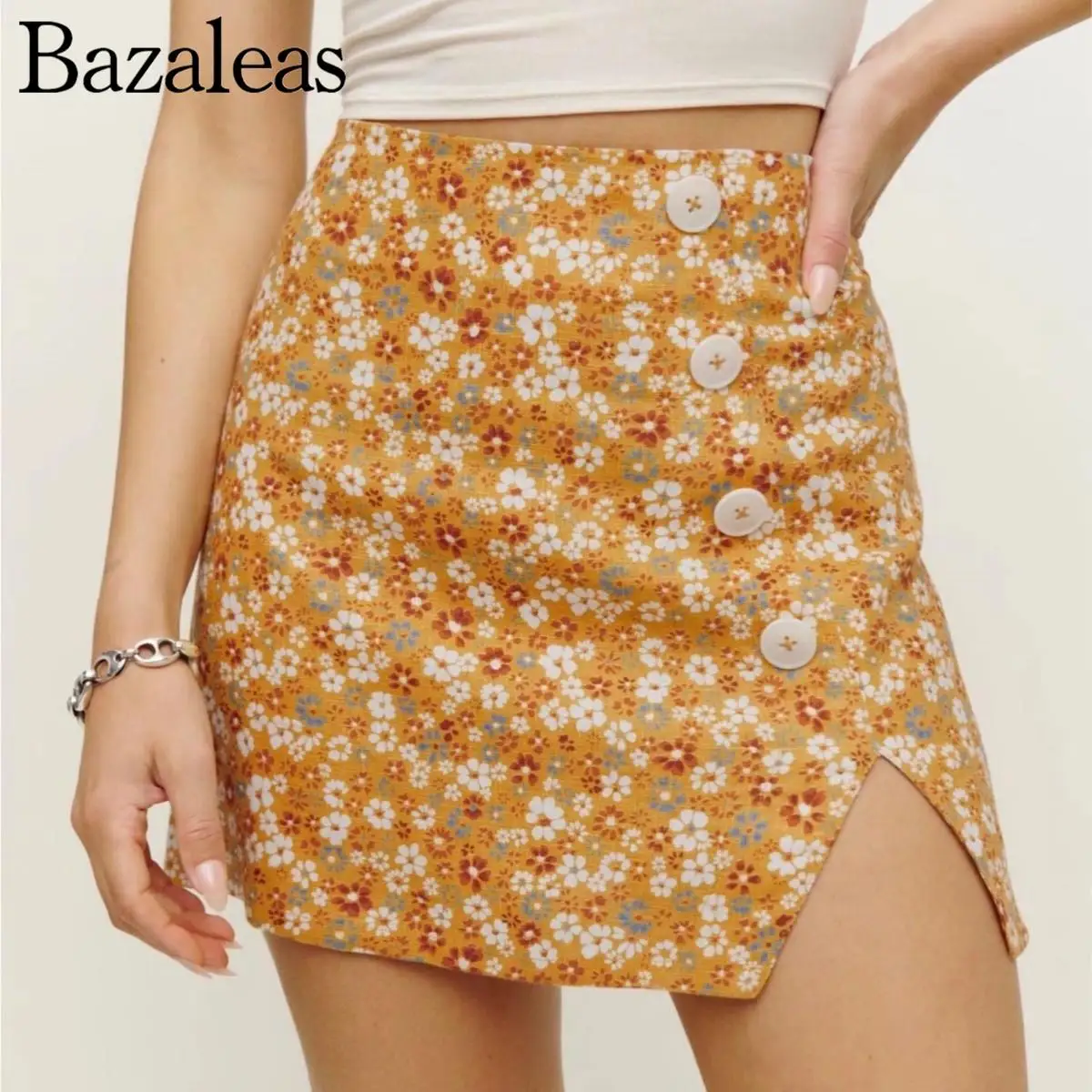 

2022 Buttons Side Colored Crochet Bandage Mini Skirt Bodycon Package Split Hips Skater Skirts For Women Summer