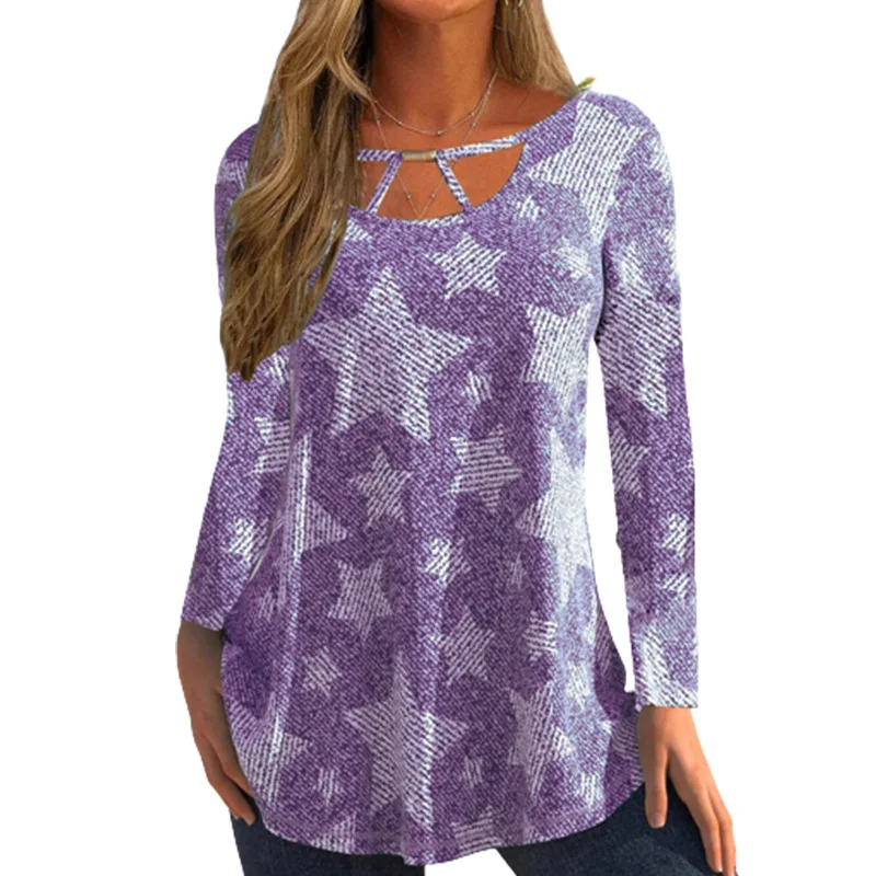 Autumn and Winter New Star Print Round Neck Hollow Long-sleeved T-shirt Fashion Casual Tops Female
Autumn and Winter New Star Print Round Neck Hollow Long-sleeved T-shirt Fashion Casual Tops Female