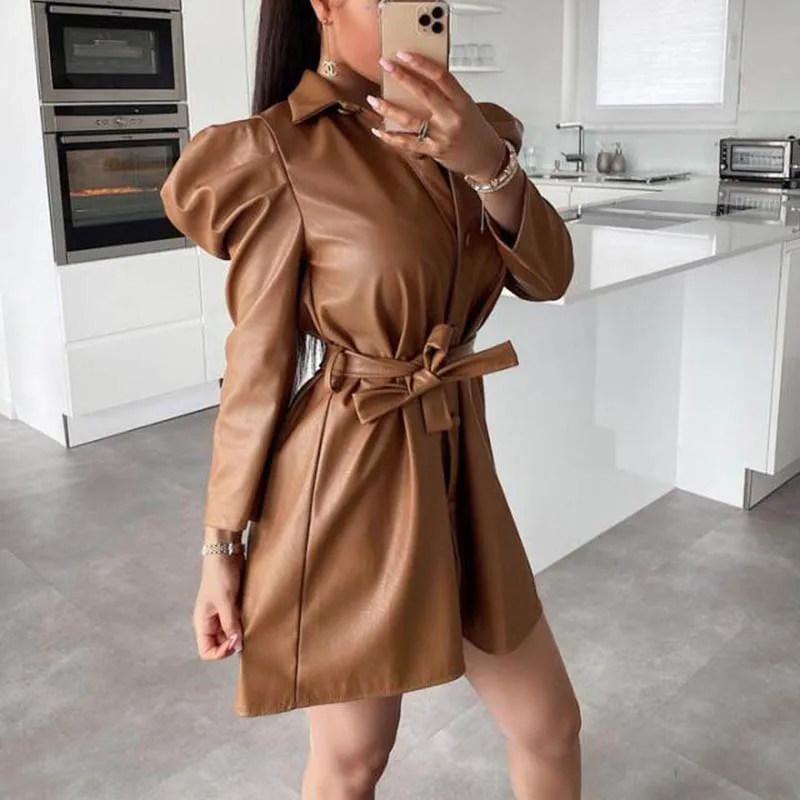 Puff Sleeve Women's Shirt Dress Autumn Sashes Long Sleeve Party Dress for New Year 2022 PU Leather Casual Female Dress Woman New
Puff Sleeve Women's Shirt Dress Autumn Sashes Long Sleeve Party Dress for New Year 2022 PU Leather Casual Female Dress Woman New