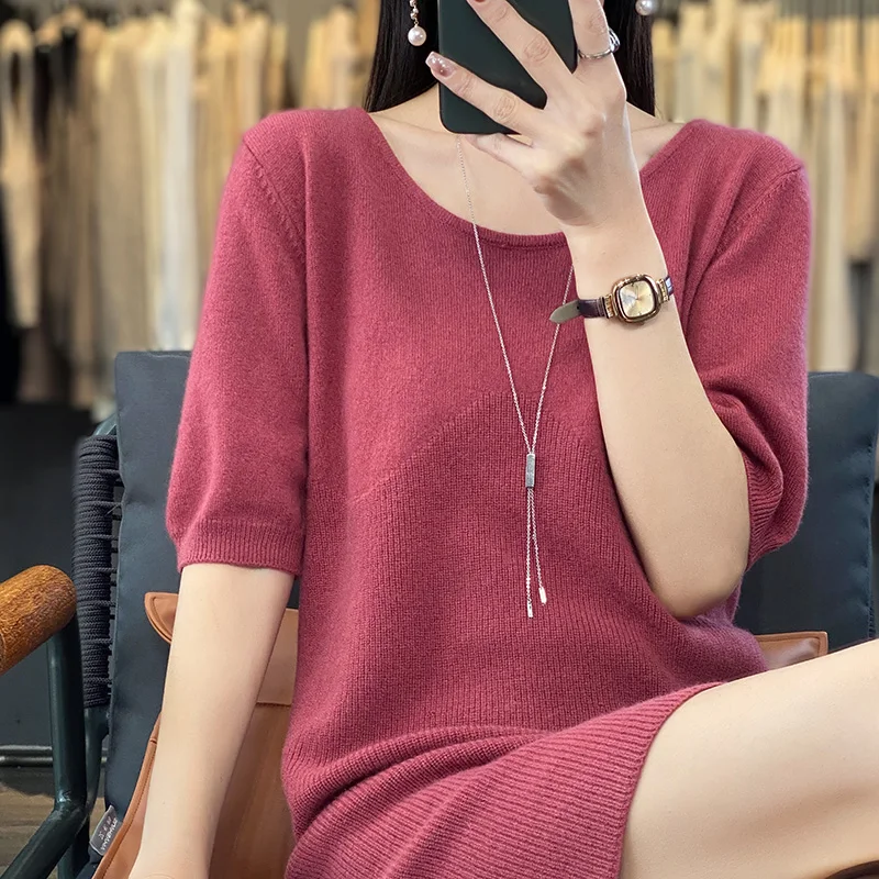 100% Merino Wool Knitted Dress Half Sleeve Women's Summer Fashion Solid Color O-neck Pullover Temperament Bag Hip Skirt T-shirt. 
100% Merino Wool Knitted Dress Half Sleeve Women's Summer Fashion Solid Color O-neck Pullover Temperament Bag Hip Skirt T-shirt.