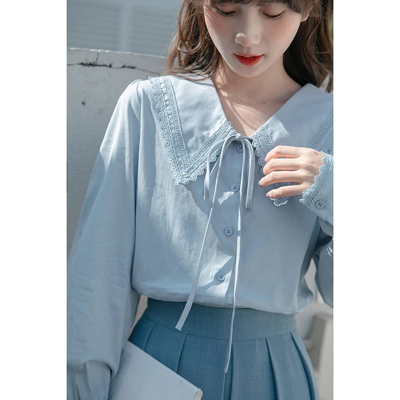Spring 2022 Fashion Womens Tops And Blouses Long Sleeve Preppy Style Lace Stitch Peter Pan Collared Shirt Kawaii Button Up Shirt
Spring 2022 Fashion Womens Tops And Blouses Long Sleeve Preppy Style Lace Stitch Peter Pan Collared Shirt Kawaii Button Up Shirt