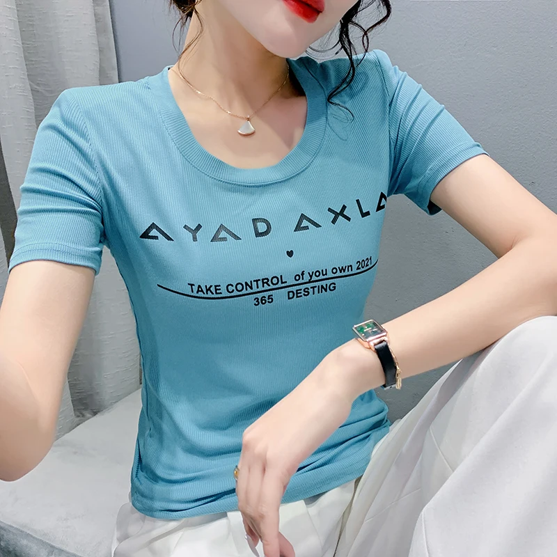 2023 New Summer European Clothes Cotton T-Shirt Chic Sexy O-Neck Print Letter Women Short Sleeve Tops All Match Hot Tees 32414
2023 New Summer European Clothes Cotton T-Shirt Chic Sexy O-Neck Print Letter Women Short Sleeve Tops All Match Hot Tees 32414
