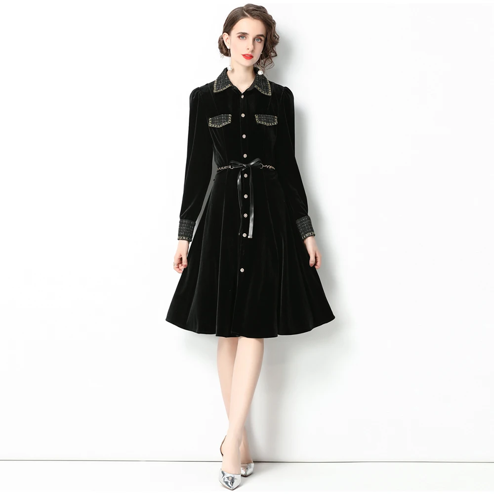 Autumn Winter Vintage Velvet Dress Women Runway Designer Long Sleeve Midi Vestidos Single Breasted Belt Black Party Robes T1826
Autumn Winter Vintage Velvet Dress Women Runway Designer Long Sleeve Midi Vestidos Single Breasted Belt Black Party Robes T1826