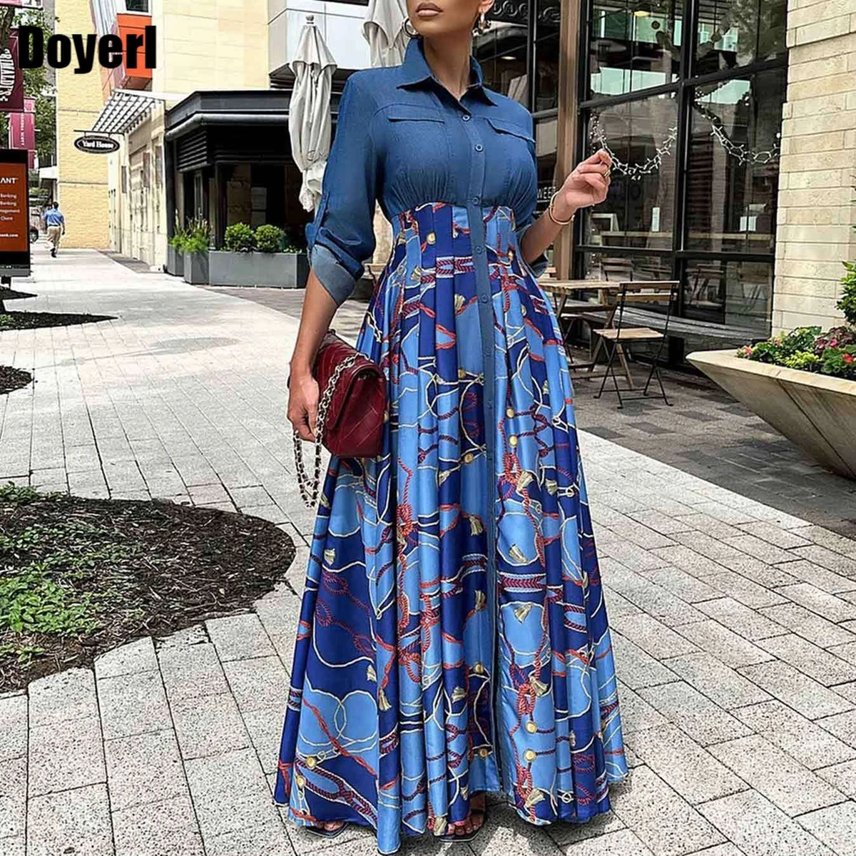 Denim Patchwork Maxi Dress Women Extra Long Turn Down Collar Button Up Roll Sleeve Vintage Big Swing Evening Party Dresses Fall
Denim Patchwork Maxi Dress Women Extra Long Turn Down Collar Button Up Roll Sleeve Vintage Big Swing Evening Party Dresses Fall