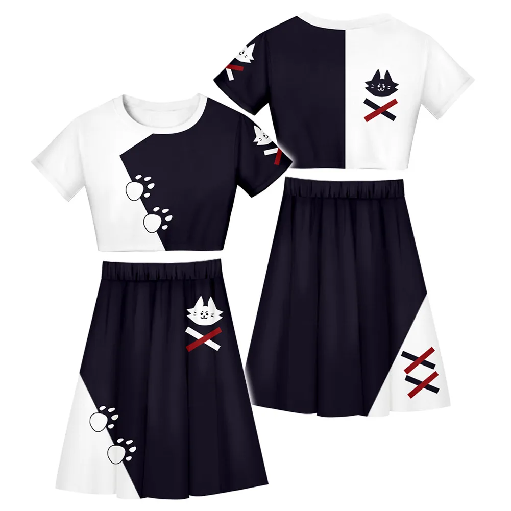 

Hololive Vtuber Ookami Mio косплей костюм женская летняя футболка короткий топ юбка комплект из двух предметов