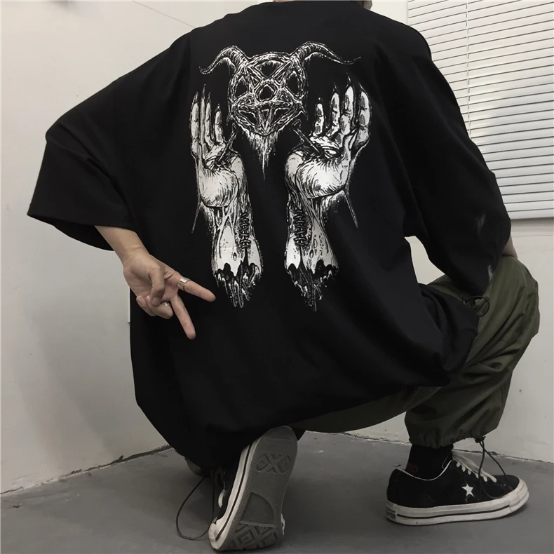 Japanese Harajuku Satan T Shirt for Men Women Ulzzang Korean Style Tshirt Streetwear Baphomet Demon Tee Tops Satanist Clothes | Женская