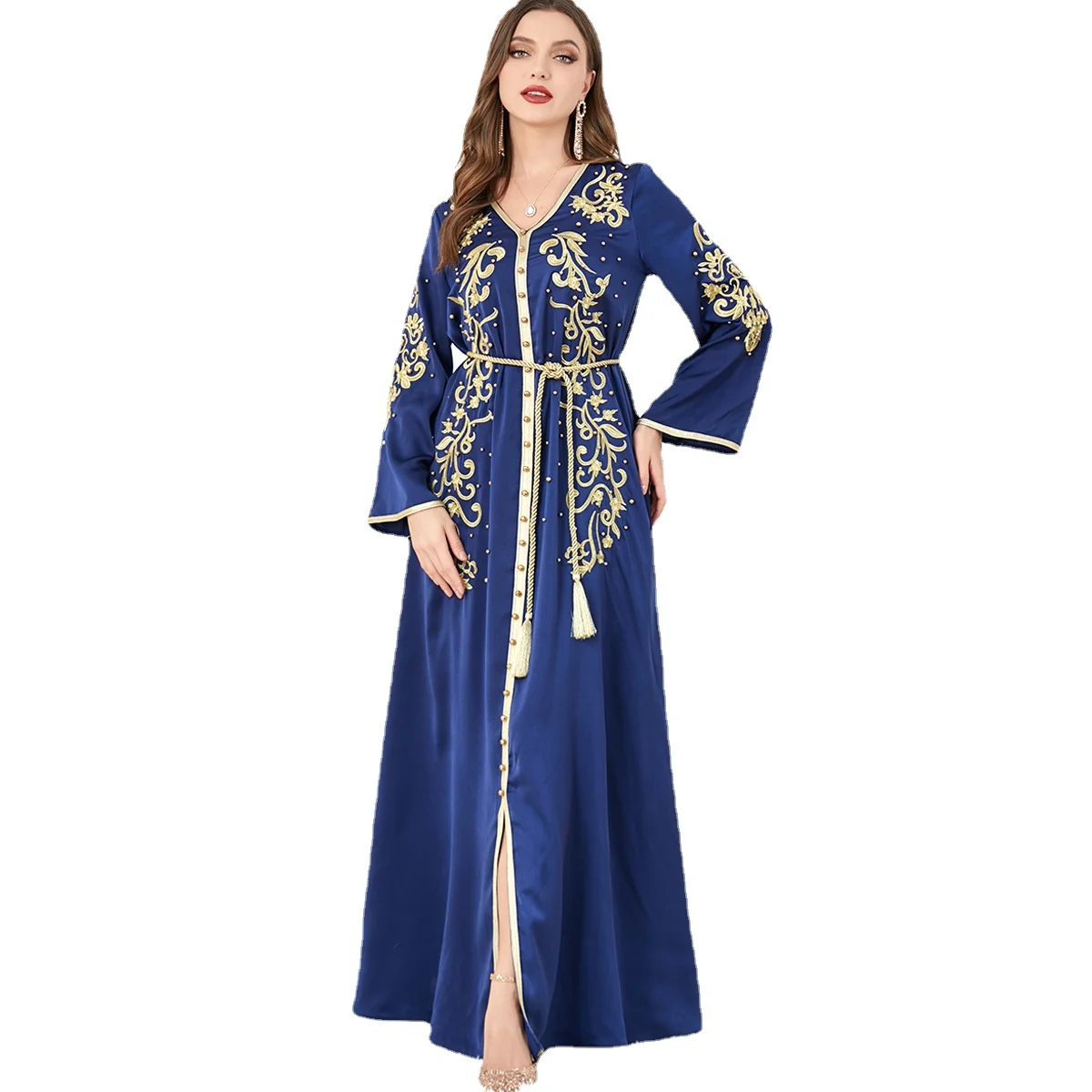 Women Evening Dress Gold Embroidery Beaded Belt V Neck Elegant Luxury Long Sleeves Dresses for Women 2023
Women Evening Dress Gold Embroidery Beaded Belt V Neck Elegant Luxury Long Sleeves Dresses for Women 2023