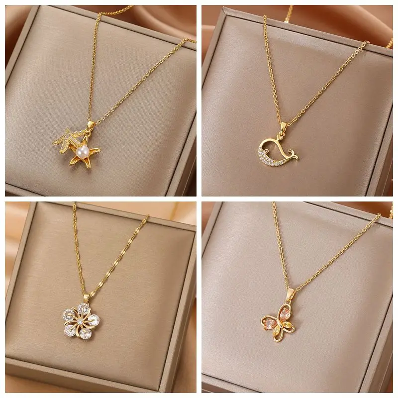 Stainless Steel Gold Necklaces For Women Cute Romantic Zircon Jewelry Starfish Whale Flowers Butterfly Pendant Necklace
Stainless Steel Gold Necklaces For Women Cute Romantic Zircon Jewelry Starfish Whale Flowers Butterfly Pendant Necklace
