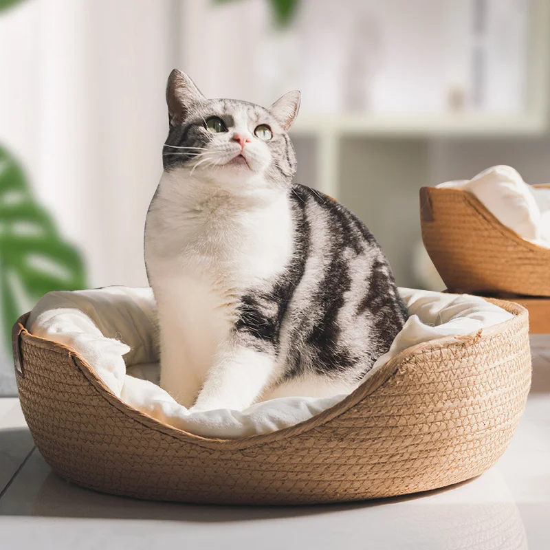 

Pet Bed Cat Mat Kennel Dog Beds Sofa Bamboo Weaving Four Season Cozy Nest Baskets Waterproof Removable Cushion Sleeping Bag
