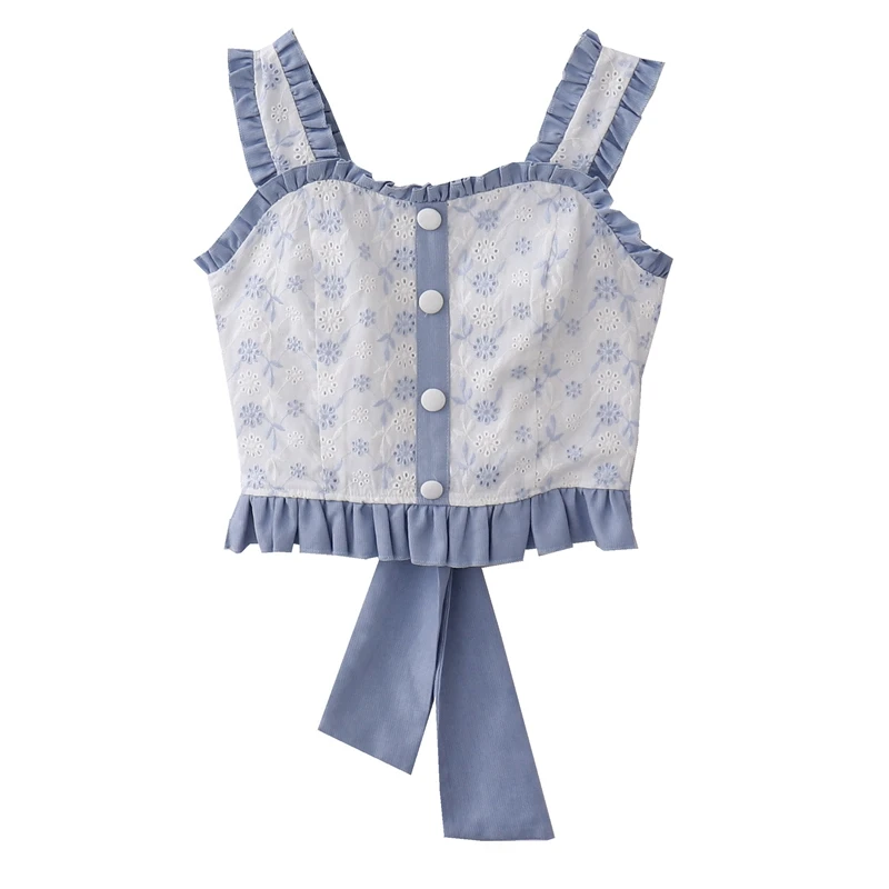 

Japanese Blue Crop Top Women Corset Sleeveless T-Shirt Sweet Girl Embroidery Bowknot Stringy Selvedge Camis Cute Tops Camisole