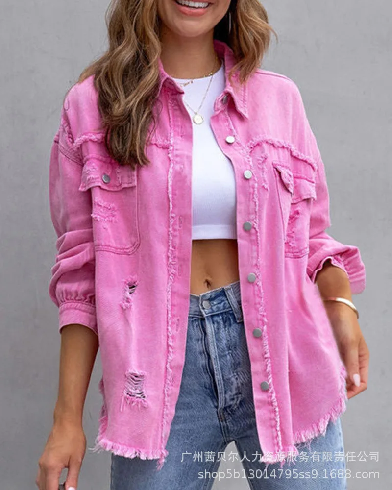 Raw Hem Pocket Design Denim Coat Women Solid Color Autumn Fashion Jacket Single Breasted Button
Raw Hem Pocket Design Denim Coat Women Solid Color Autumn Fashion Jacket Single Breasted Button