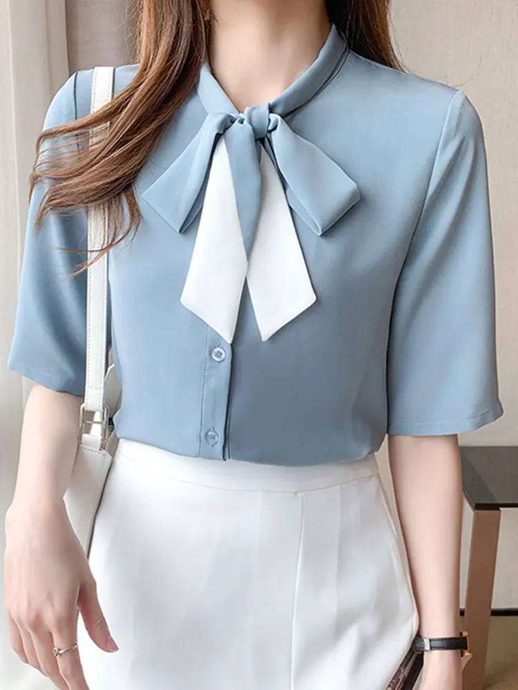 Summer New Shirts Women Bow Neck Short Sleeve Chiffon Blouse For Woman Casual Korean Fashion Office Lady vintage Womens Shirt
Summer New Shirts Women Bow Neck Short Sleeve Chiffon Blouse For Woman Casual Korean Fashion Office Lady vintage Womens Shirt