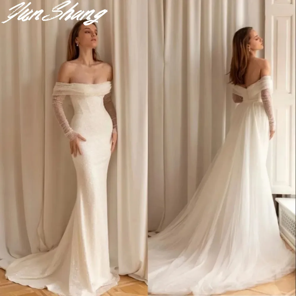 YunShang Glitter Mermaid Wedding Dress Boat Neck Long Shiny Sleeves Bodycon Bridal Gown Off Shoulder Backless Vestidos De novia
YunShang Glitter Mermaid Wedding Dress Boat Neck Long Shiny Sleeves Bodycon Bridal Gown Off Shoulder Backless Vestidos De novia