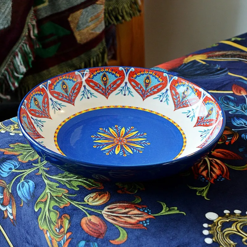 

Керамическая Суповая тарелка в богемном стиле, фарфоровая тарелка для салата 8,5 дюйма, кухонная посуда под глазурь, миска для лапши 22,5*5 см, с...