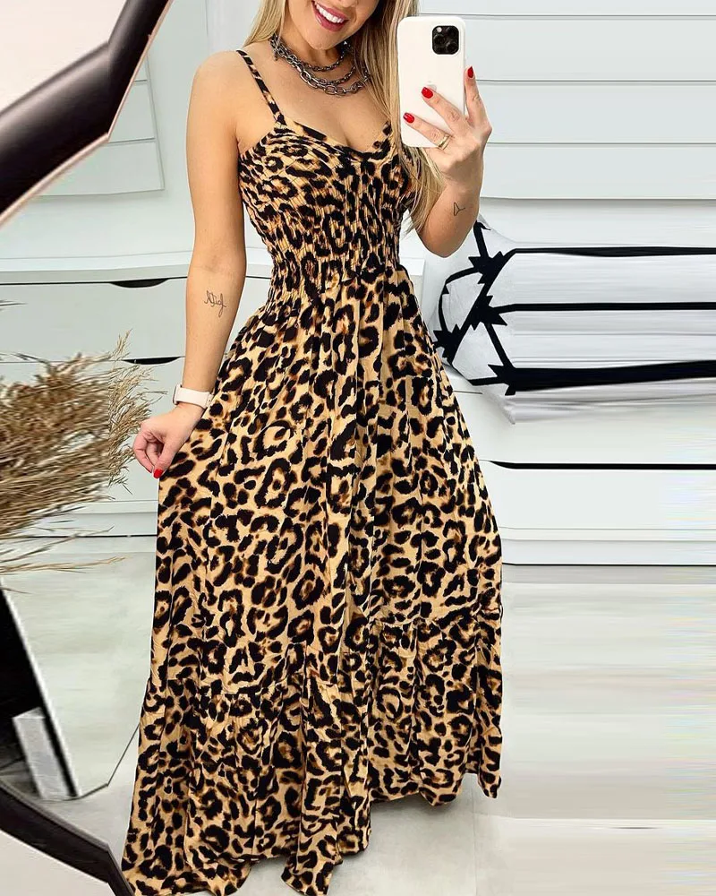 

Summer Holiday Wear Beach Dress Sundress Women Sexy Leopard Print Shirred Cami Maxi Dress Elegant Party Dresses For Women 2022