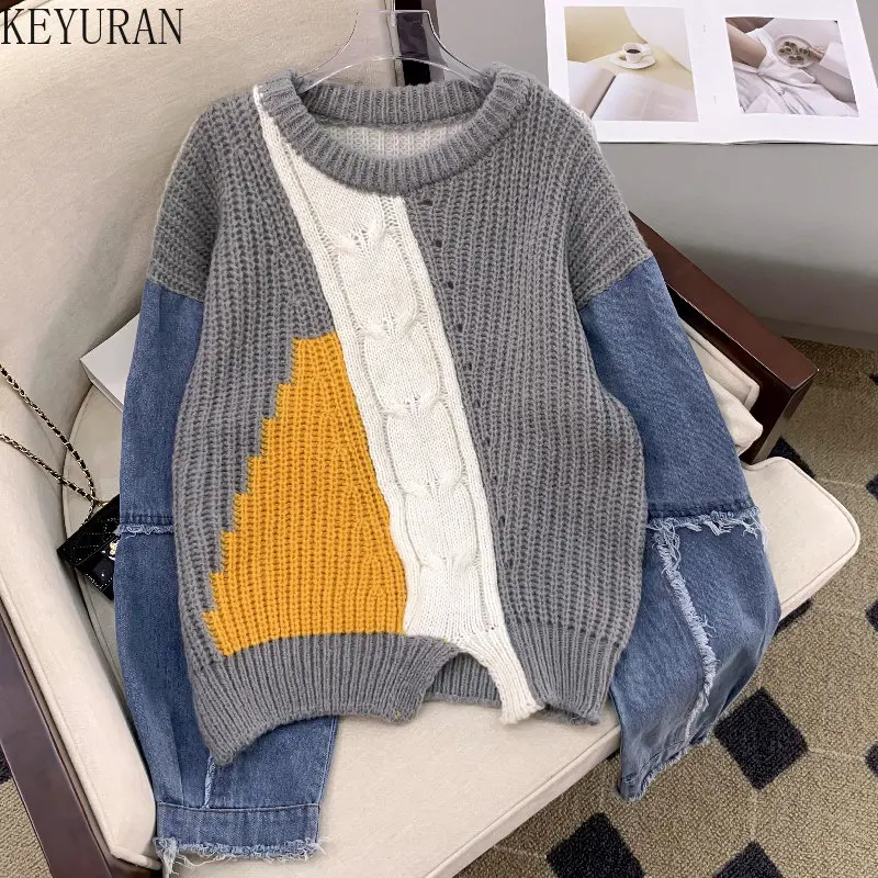Autumn Winter Twist Denim Patchwork Sweater Women Pullovers Retro Casual Long Sleeve Loose Lazy Oversized Sweaters Woman Jumper
Autumn Winter Twist Denim Patchwork Sweater Women Pullovers Retro Casual Long Sleeve Loose Lazy Oversized Sweaters Woman Jumper